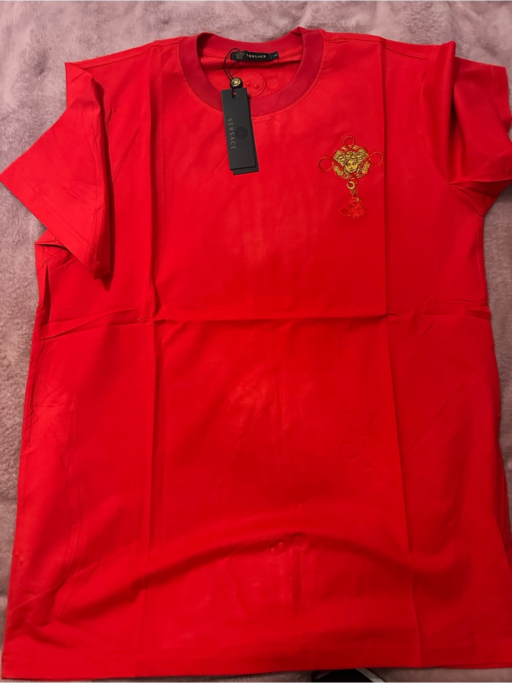 Versace Red Crewneck T-Shirt with Gold Medusa Embroidery